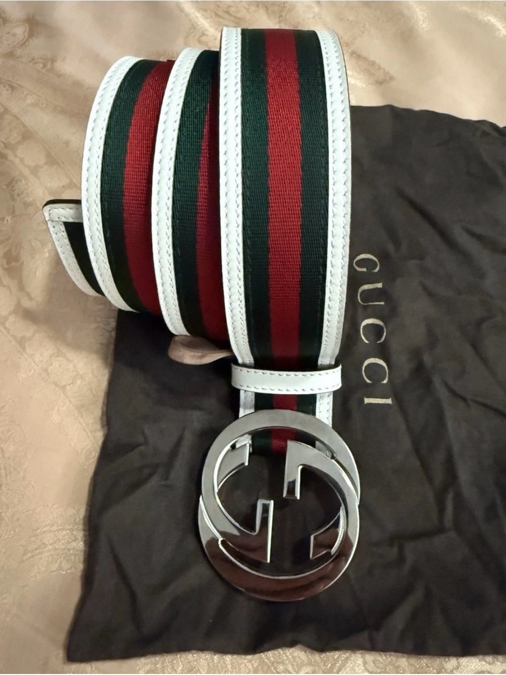 Gucci Red & Green Web Stripe Belt with White Trim and Silver GG Buckle